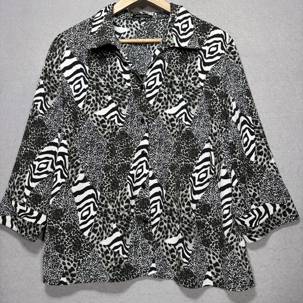 Notations Animal Print Top Women's XL Black White Statement Blouse‎